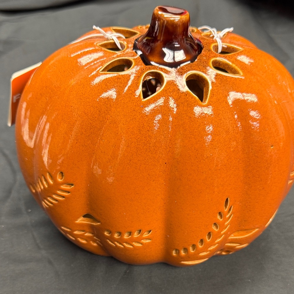 Fall Fest Ceramic Orange Pumpkin Lantern LED ceramic
